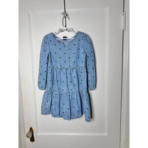 Gap Kids Blue Denim Chambray Polka Dot Tiered Long Sleeve Dress Girl's Small